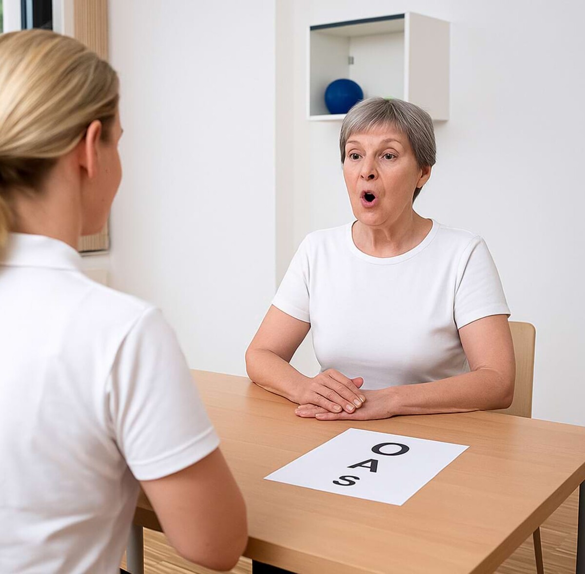 Gezielte logopädische Übung – eine Patientin trainiert unter Anleitung ihre Artikulation im medicos.Osnabrück.